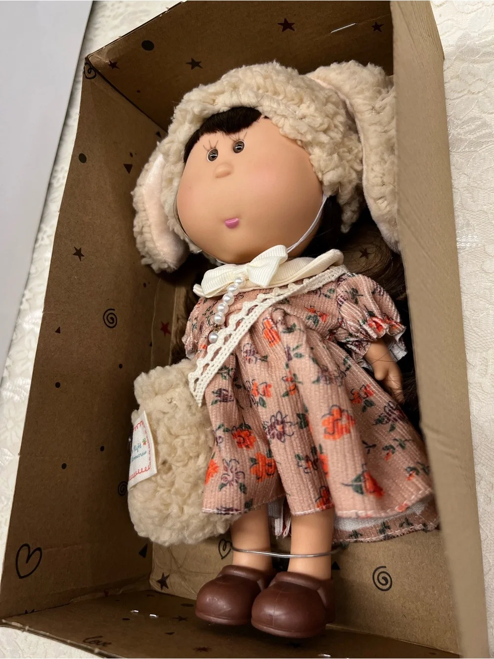 New, Mia Potato Doll with Plush Winter Hat and Floral Dress - Cream & Pink